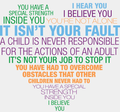 the following words appear in the shape of a heart: You have a special strength inside you, I hear you, I believe you, You're not alone, It isn't your fault, a child is never responsible for the actions of an adult, it's not your job to stop it, you have had to overcome obstacles that other children never had to, you have a special strength inside you, I believe you