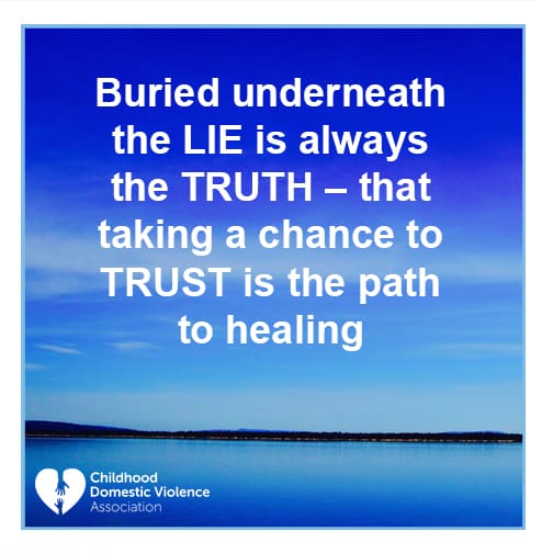 words appear above the ocean: Buried underneath the lie is always the truth - that taking a chance to trust is the path to healing