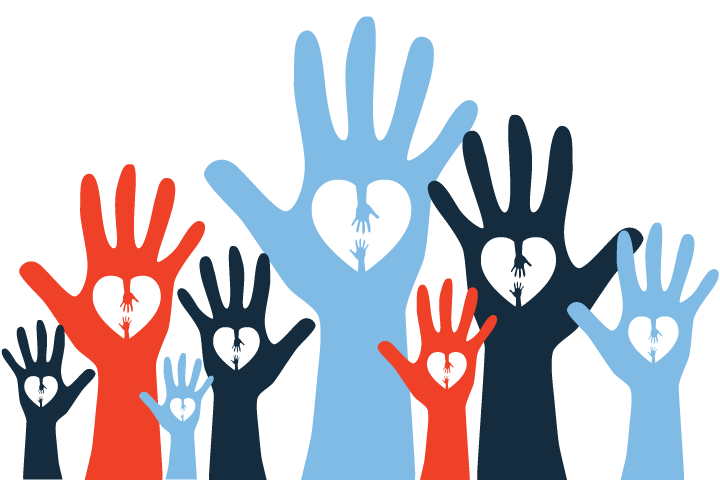 A diverse sea of raised hands with the CDV logo on their palms